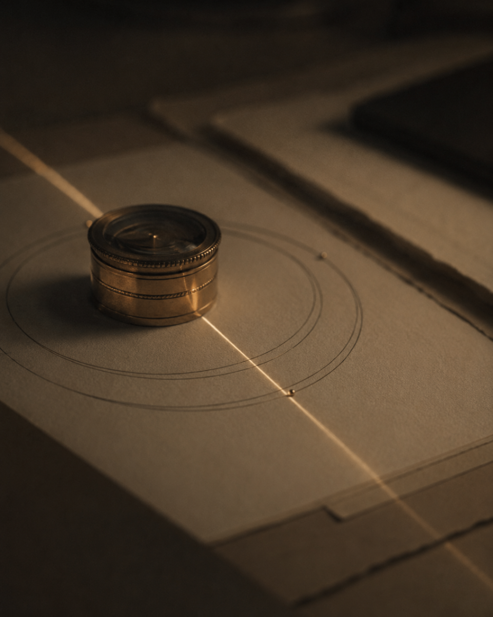 A brass loupe on ivory letterpress paper, hairline concentric rings.